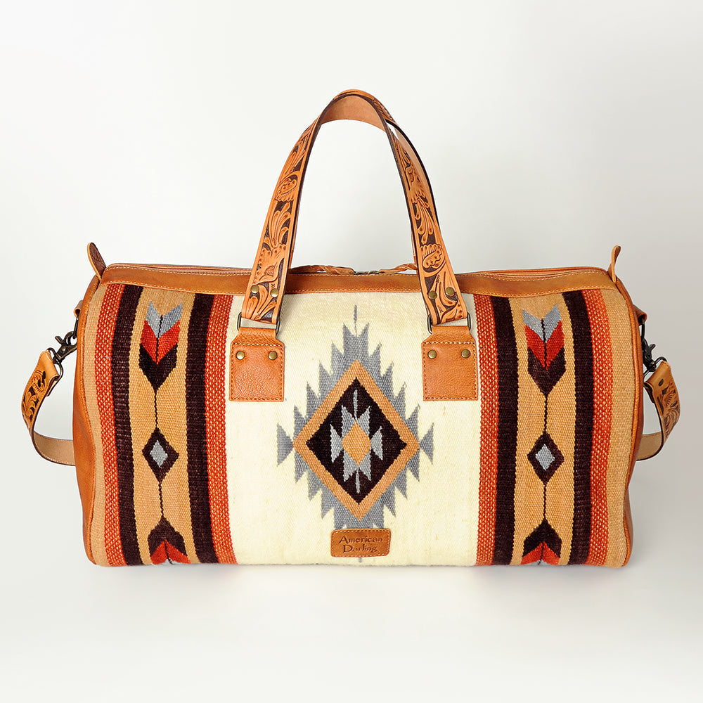 American Darling Duffel Bag for Travel, Hand Tooled Floral Leather & Woven Saddle Blanket, Genuine Western Leather Weekender