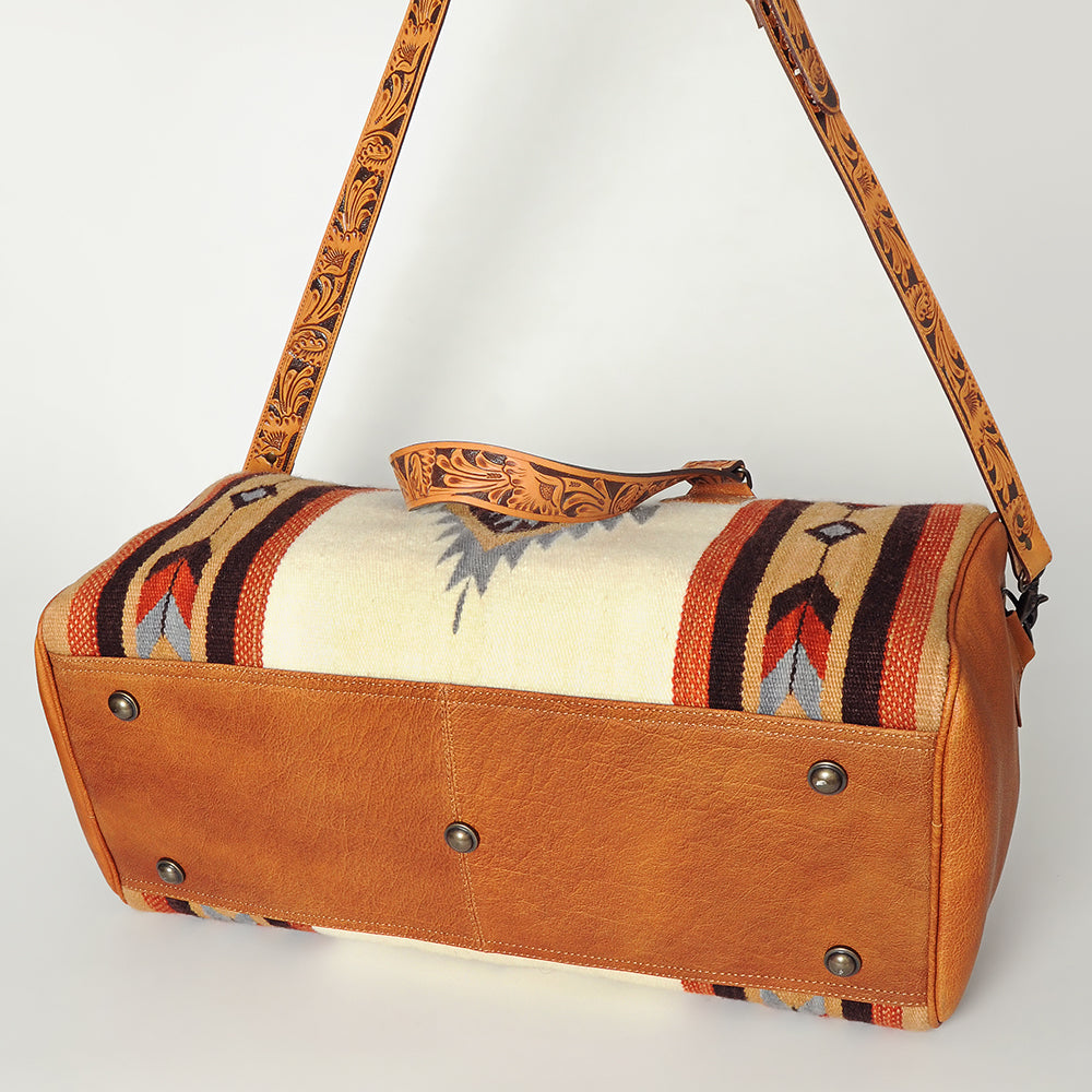 American Darling Duffel Bag for Travel, Hand Tooled Floral Leather & Woven Saddle Blanket, Genuine Western Leather Weekender