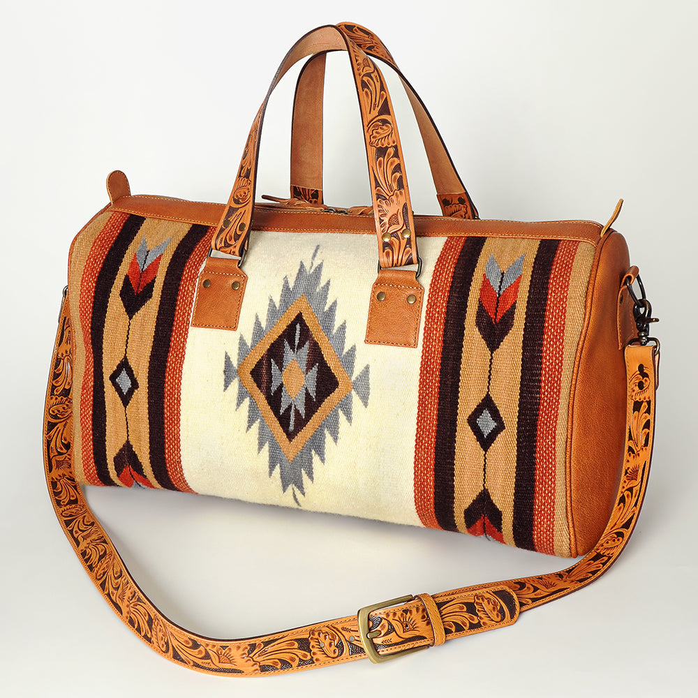 American Darling Duffel Bag for Travel, Hand Tooled Floral Leather & Woven Saddle Blanket, Genuine Western Leather Weekender