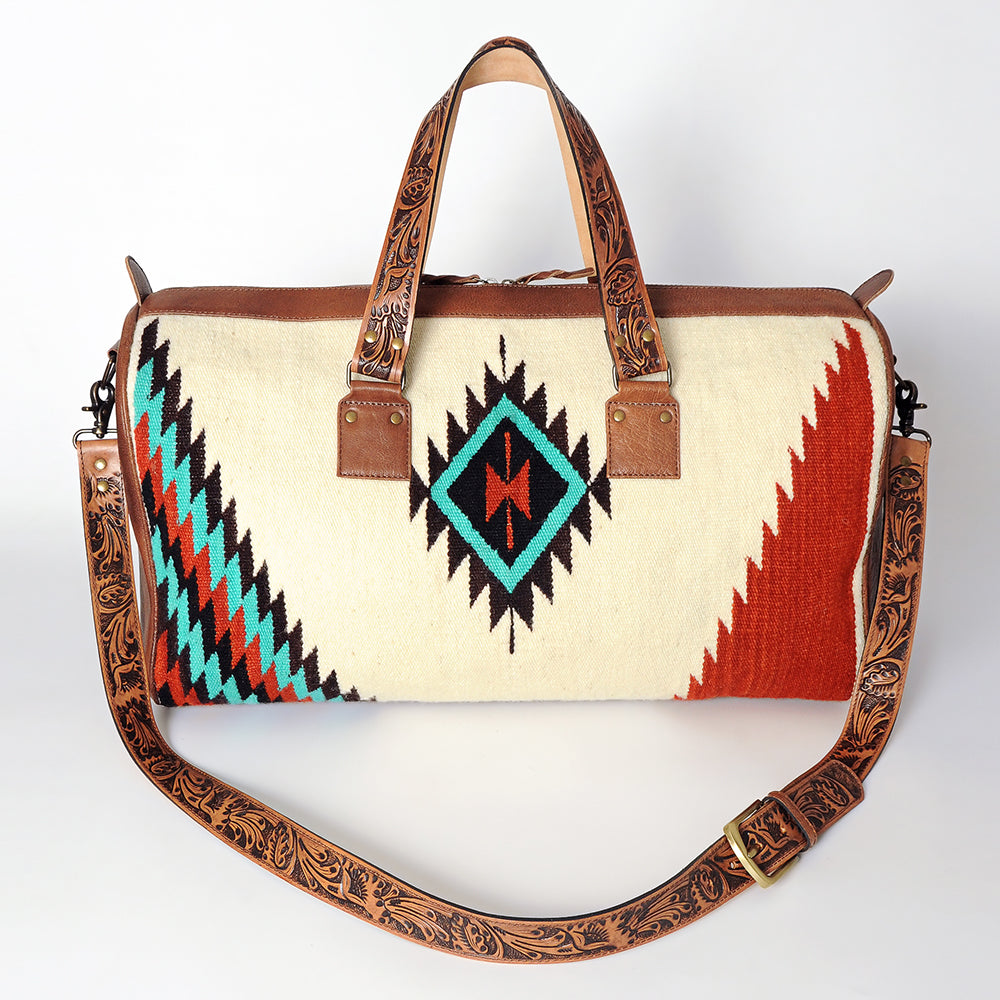 American Darling Duffel Bag for Travel, Hand Tooled Floral Leather & Woven Saddle Blanket, Genuine Western Leather Weekender