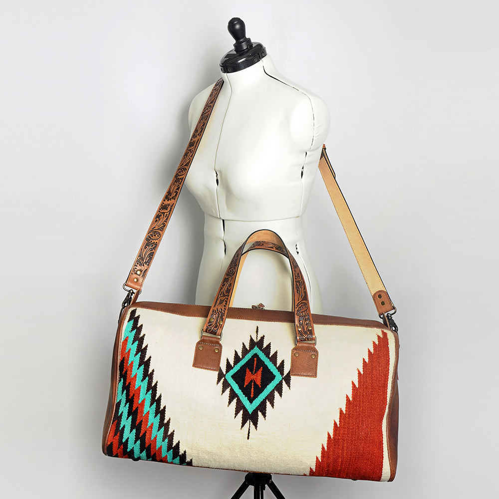 American Darling Duffel Bag for Travel, Hand Tooled Floral Leather & Woven Saddle Blanket, Genuine Western Leather Weekender