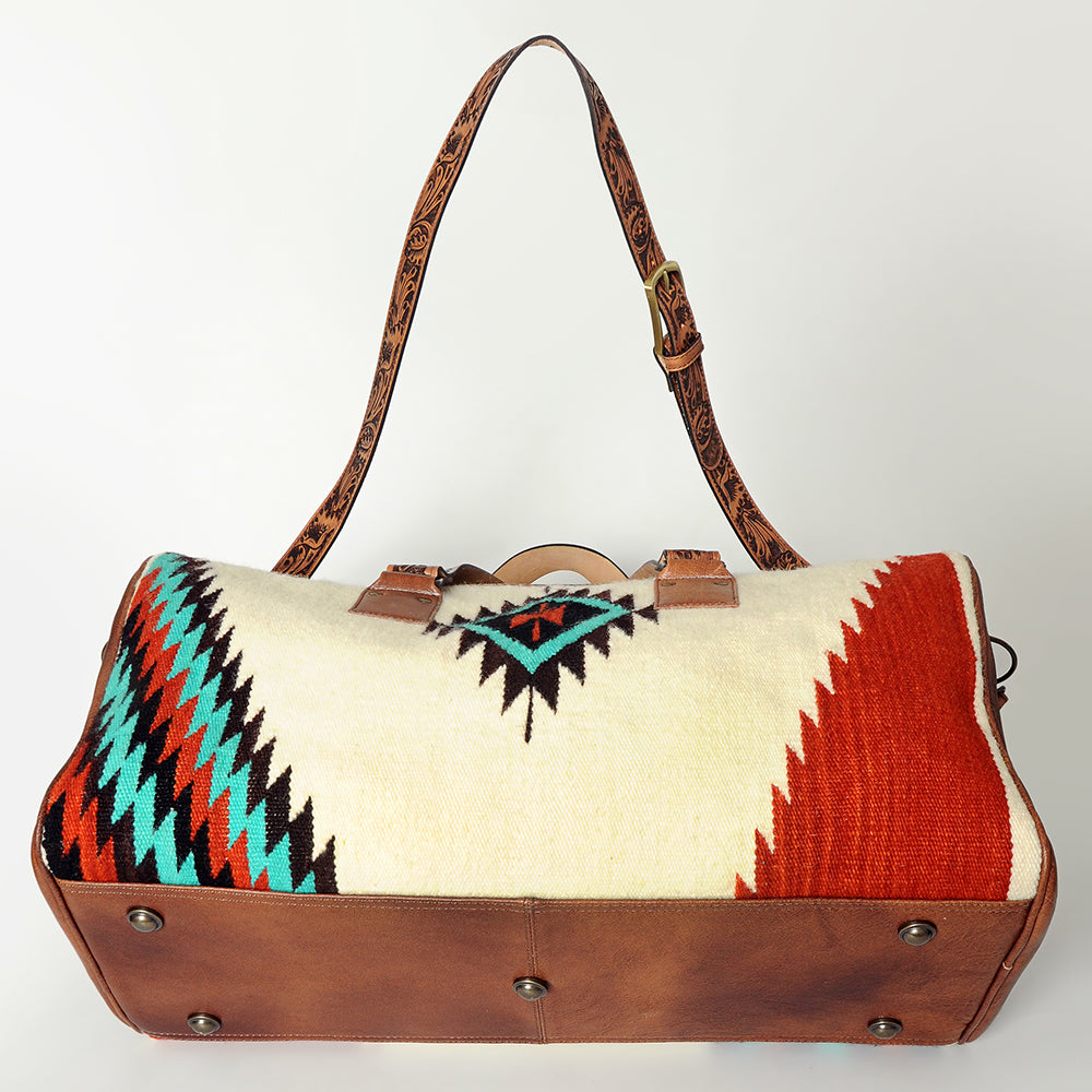 American Darling Duffel Bag for Travel, Hand Tooled Floral Leather & Woven Saddle Blanket, Genuine Western Leather Weekender