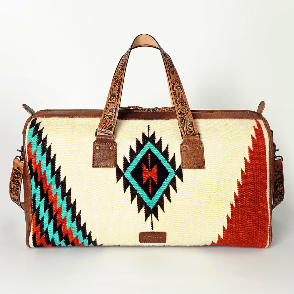 American Darling Duffel Bag for Travel, Hand Tooled Floral Leather & Woven Saddle Blanket, Genuine Western Leather Weekender