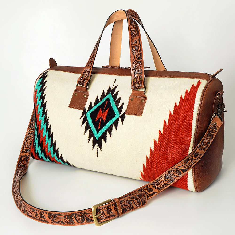 American Darling Duffel Bag for Travel, Hand Tooled Floral Leather & Woven Saddle Blanket, Genuine Western Leather Weekender