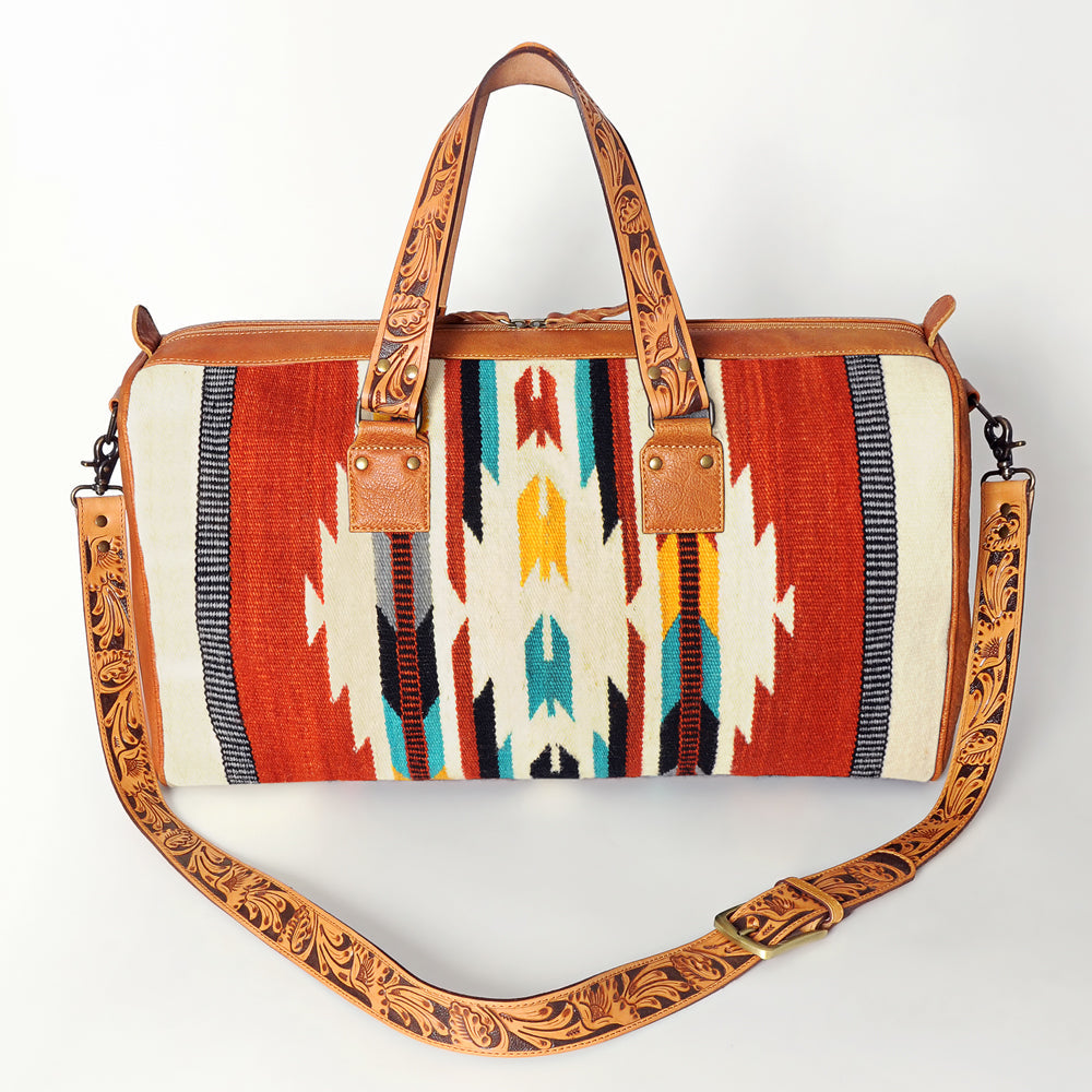 American Darling Duffel Bag for Travel, Hand Tooled Floral Leather & Woven Saddle Blanket, Genuine Western Leather Weekender