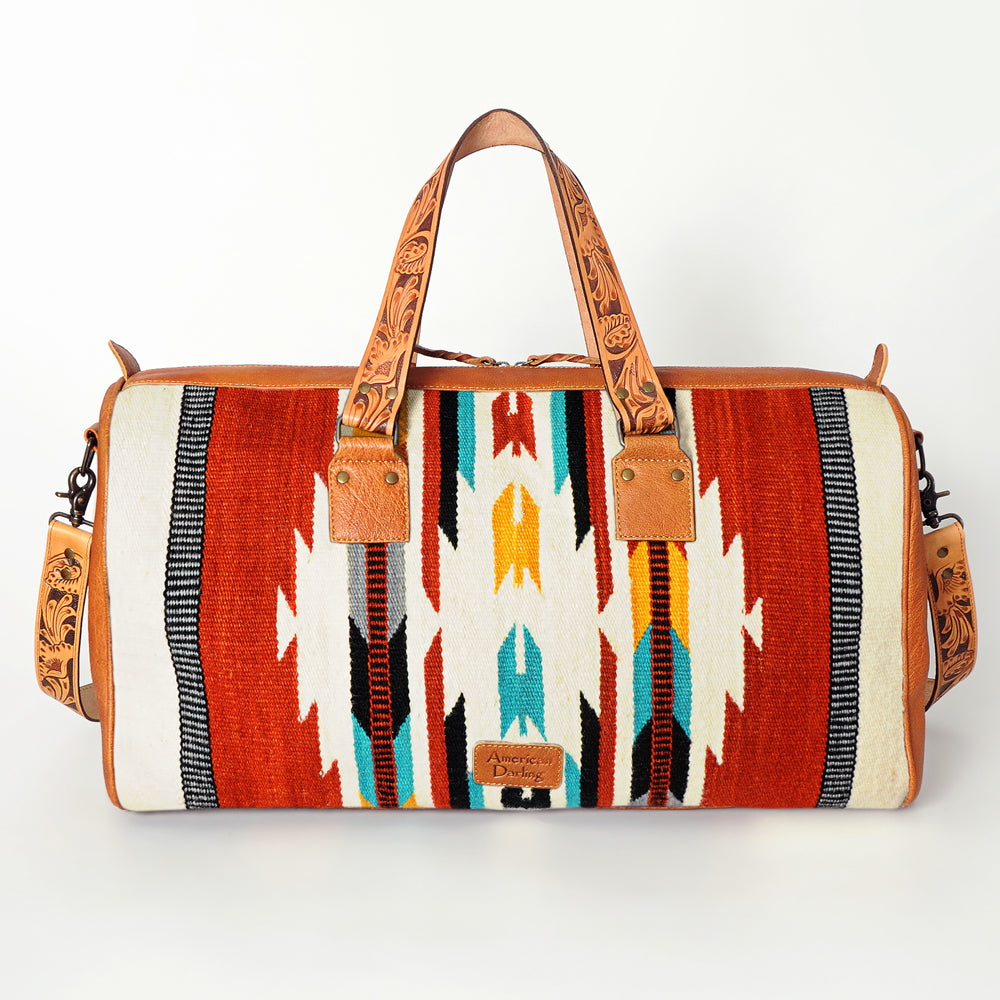 American Darling Duffel Bag for Travel, Hand Tooled Floral Leather & Woven Saddle Blanket, Genuine Western Leather Weekender