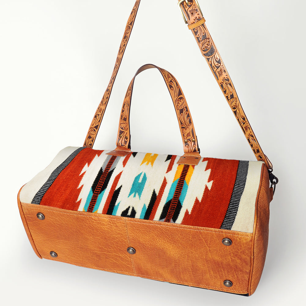 American Darling Duffel Bag for Travel, Hand Tooled Floral Leather & Woven Saddle Blanket, Genuine Western Leather Weekender