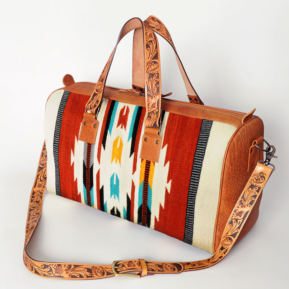 American Darling Duffel Bag for Travel, Hand Tooled Floral Leather & Woven Saddle Blanket, Genuine Western Leather Weekender