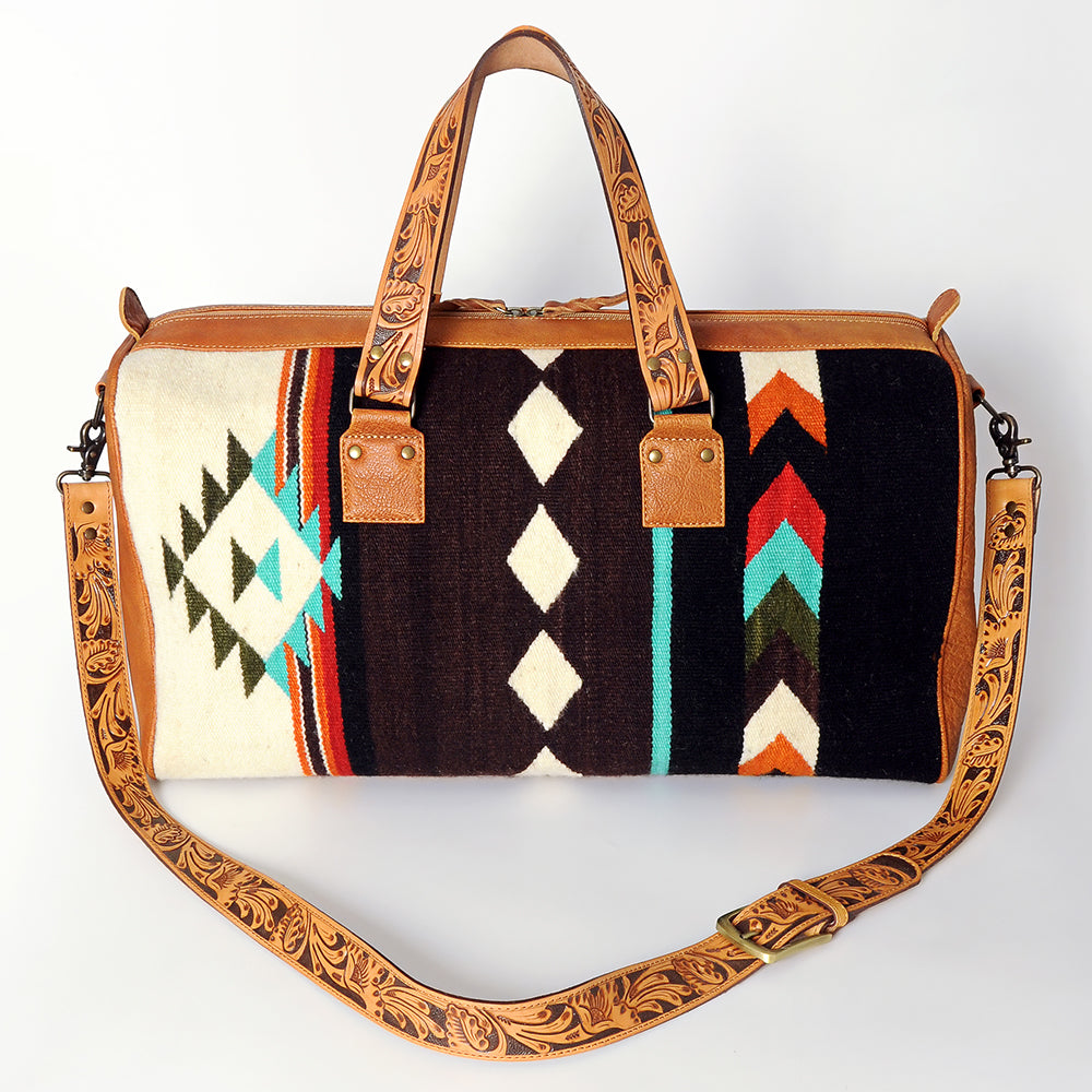 American Darling Duffel Bag for Travel, Hand Tooled Floral Leather & Woven Saddle Blanket, Genuine Western Leather Weekender