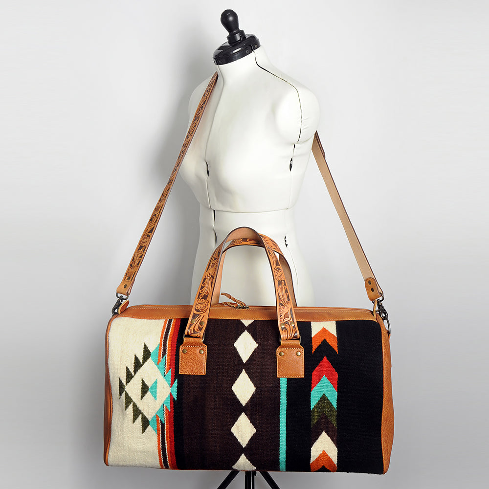 American Darling Duffel Bag for Travel, Hand Tooled Floral Leather & Woven Saddle Blanket, Genuine Western Leather Weekender