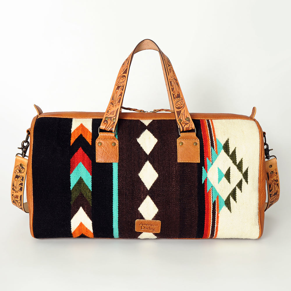 American Darling Duffel Bag for Travel, Hand Tooled Floral Leather & Woven Saddle Blanket, Genuine Western Leather Weekender