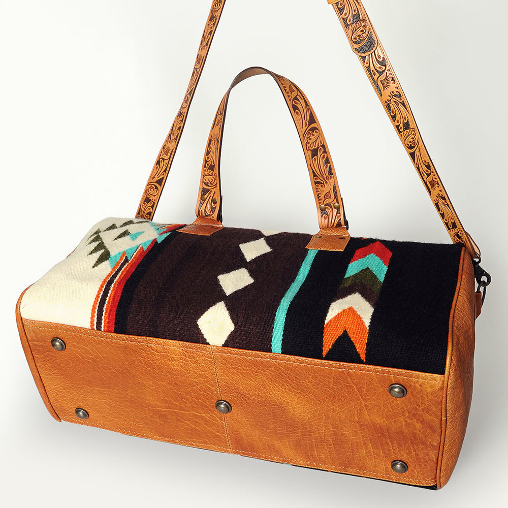 American Darling Duffel Bag for Travel, Hand Tooled Floral Leather & Woven Saddle Blanket, Genuine Western Leather Weekender