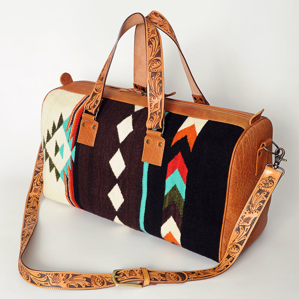 American Darling Duffel Bag for Travel, Hand Tooled Floral Leather & Woven Saddle Blanket, Genuine Western Leather Weekender