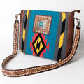 American Darling Large Cross body Bag Hand Woven Saddle Blanket Vegetable-Tanned Genuine Leather Floral Carved Buck Stitched Turquoise Concho
