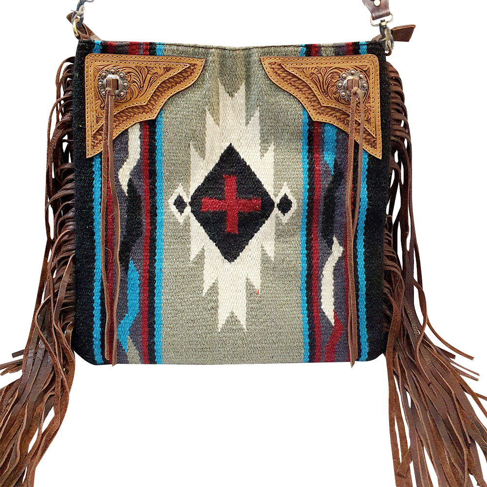 American Darling Large Cross body Bag for Women - Hand Woven Saddle Blanket, Hand Tooled Leather & Fringes