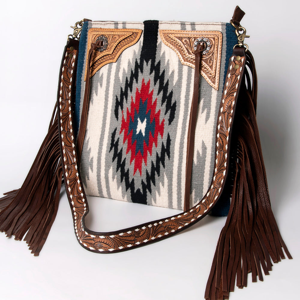 American Darling Large Cross body Bag for Women - Hand Woven Saddle Blanket, Hand Tooled Leather & Fringes