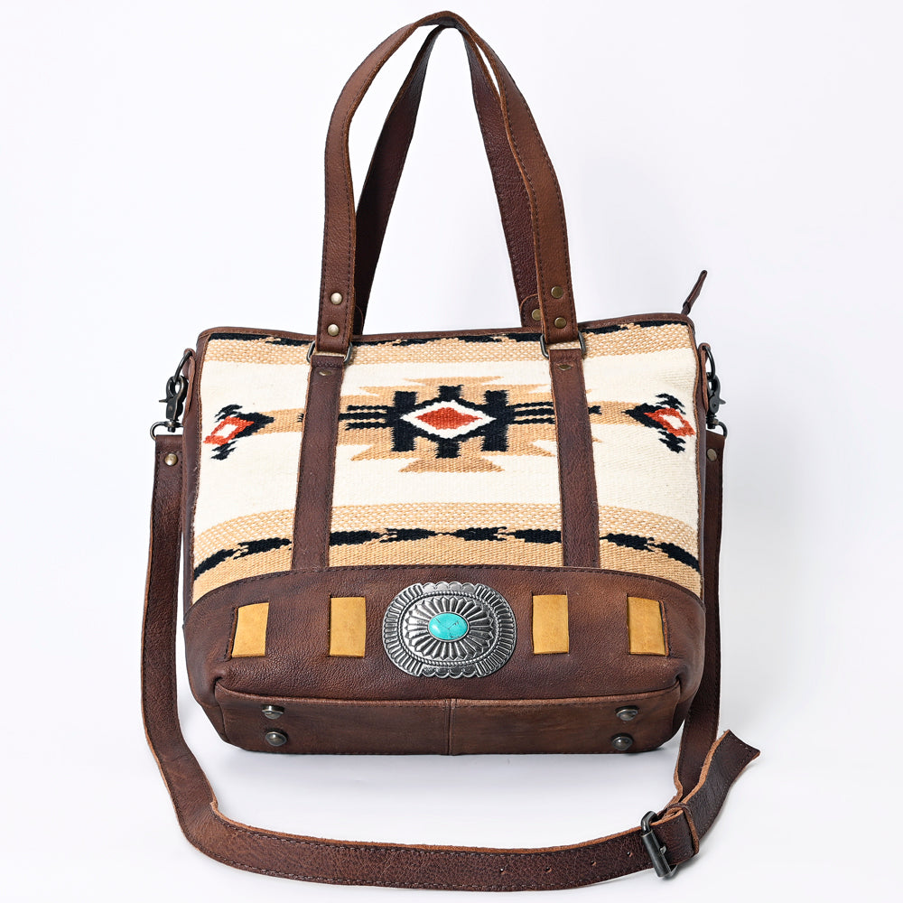American Darling Western Tote Bag Genuine Leather Hand Woven Saddle Blanket Turquoise Concho Handbag 13in x 15in x 3.5in