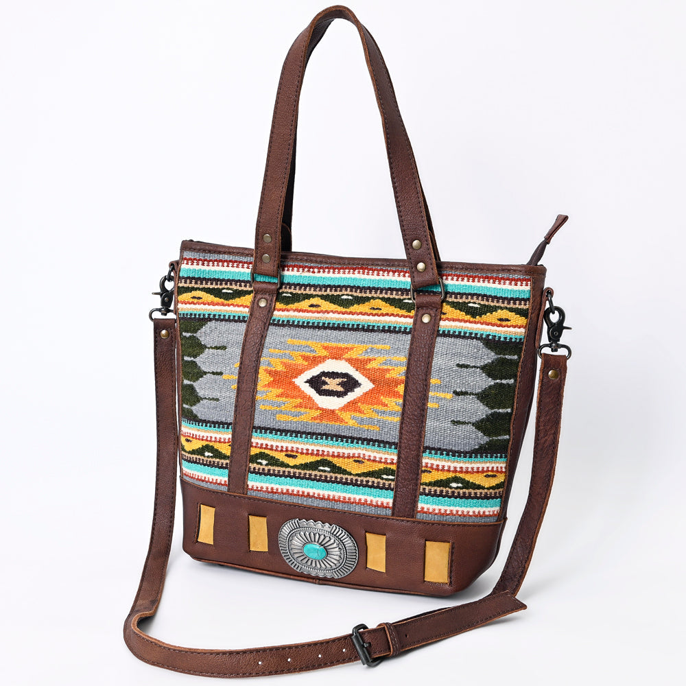 American Darling Western Tote Bag Genuine Leather Hand Woven Saddle Blanket Turquoise Concho Handbag 13in x 15in x 3.5in