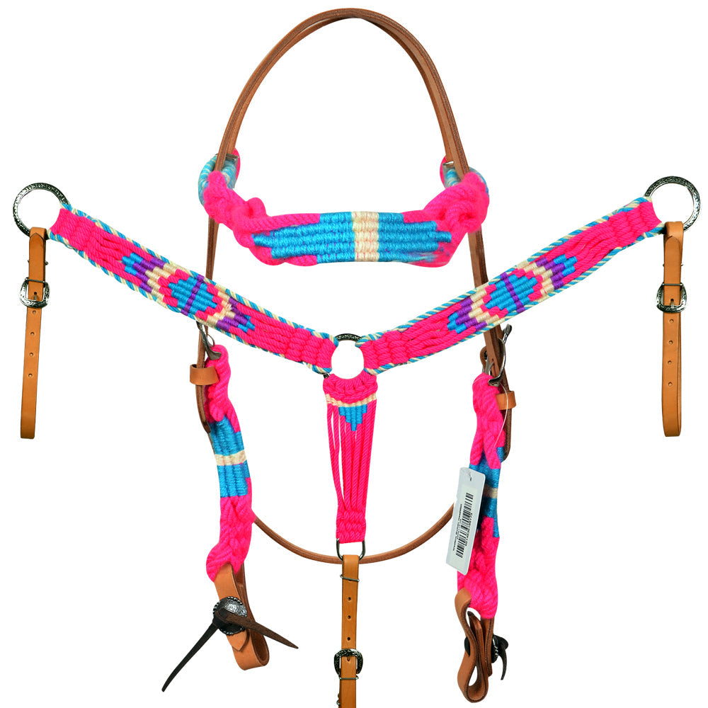 HILASON Western Wool Headstall & Breast Collar Tack Set Turquoise Pink | Leather for Horses