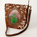 American Darling Large Cross body Bag Hand Tooled Floral Cactus Leather & Hair-On Cowhide Western Purse 14in x 12in