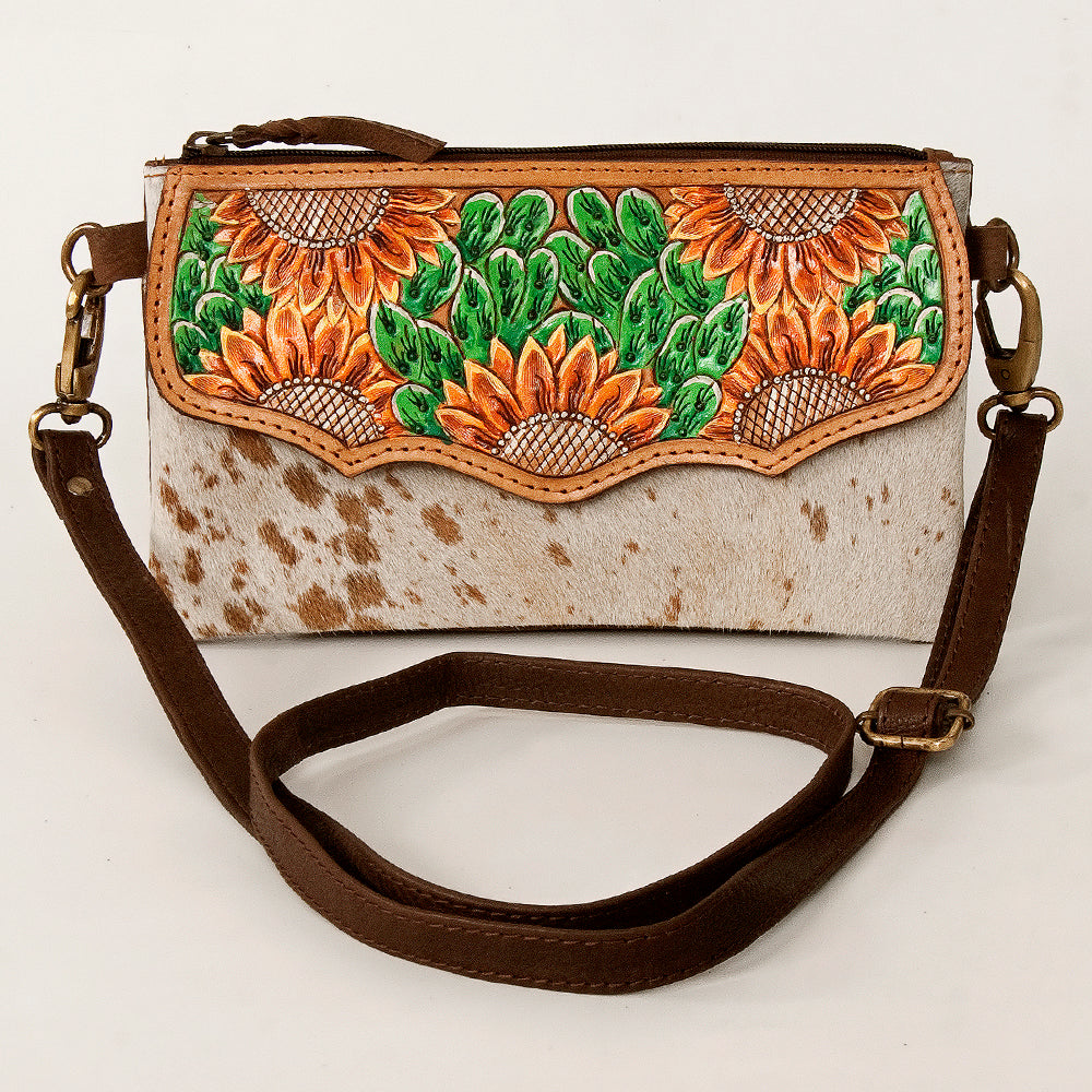 American Darling Small Cross body Bag Hand Tooled Sunflower Cactus Leather & Hair-On Cowhide Western Purse 4.5in x 7in