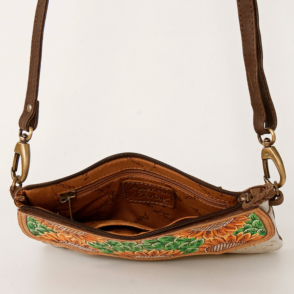 American Darling Small Cross body Bag Hand Tooled Sunflower Cactus Leather & Hair-On Cowhide Western Purse 4.5in x 7in