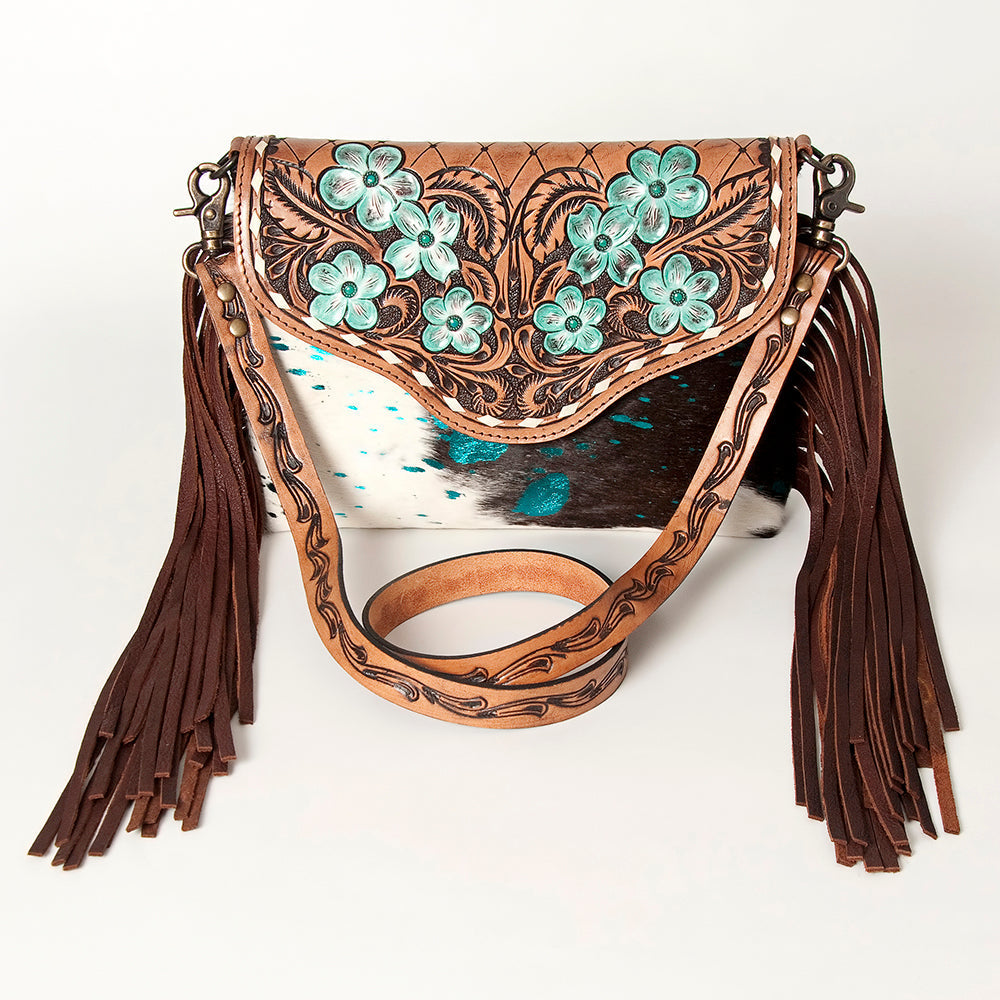 American Darling Cross body Bag Western Leather Hair-On Cowhide Braided Detail with Fringes 8in x 11in