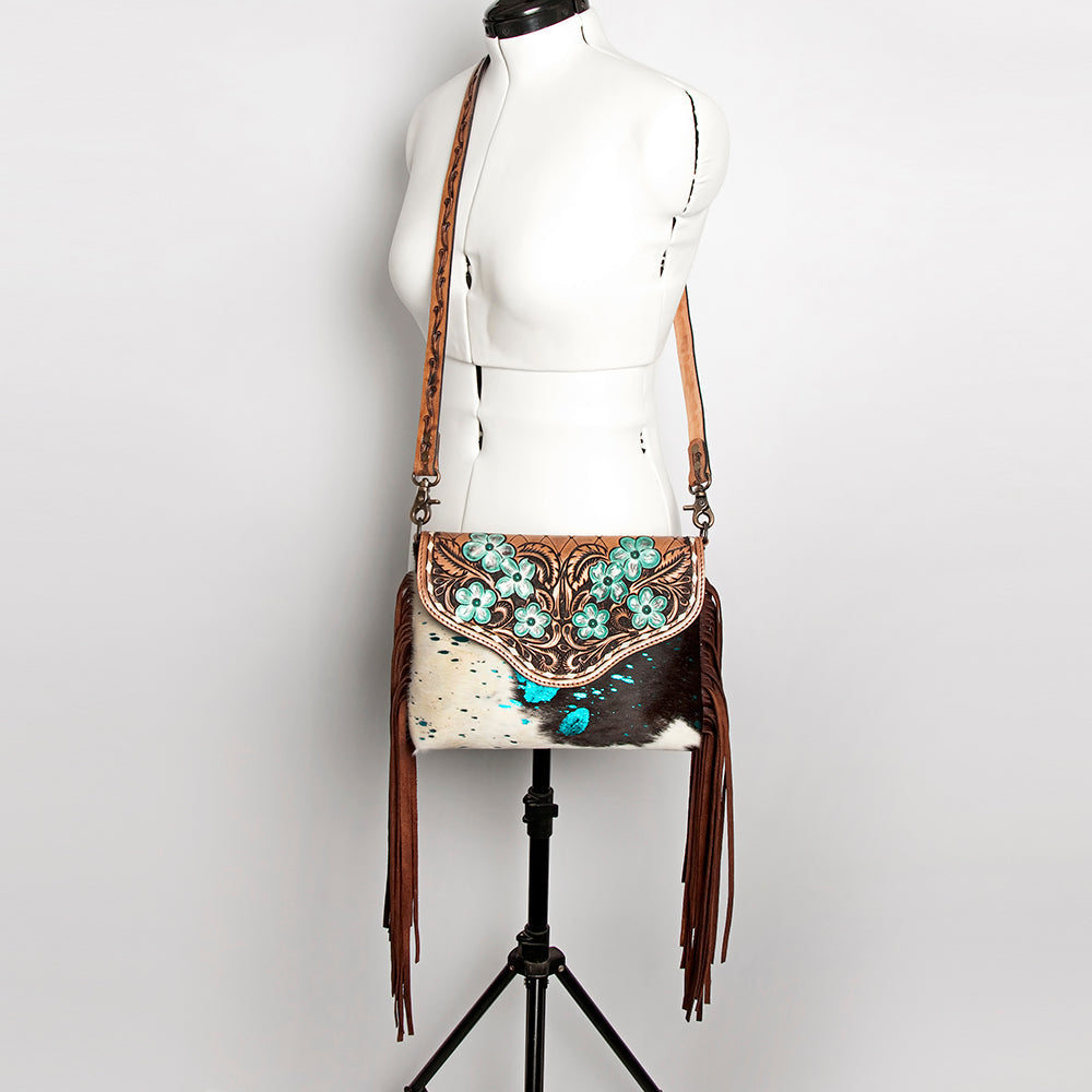 American Darling Cross body Bag Western Leather Hair-On Cowhide Braided Detail with Fringes 8in x 11in
