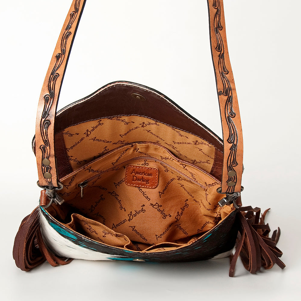 American Darling Cross body Bag Western Leather Hair-On Cowhide Braided Detail with Fringes 8in x 11in