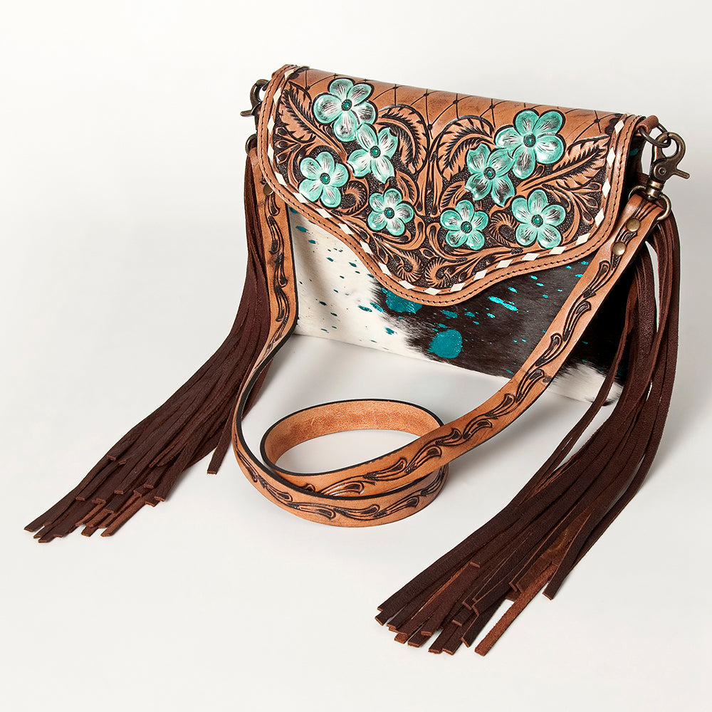 American Darling Cross body Bag Western Leather Hair-On Cowhide Braided Detail with Fringes 8in x 11in