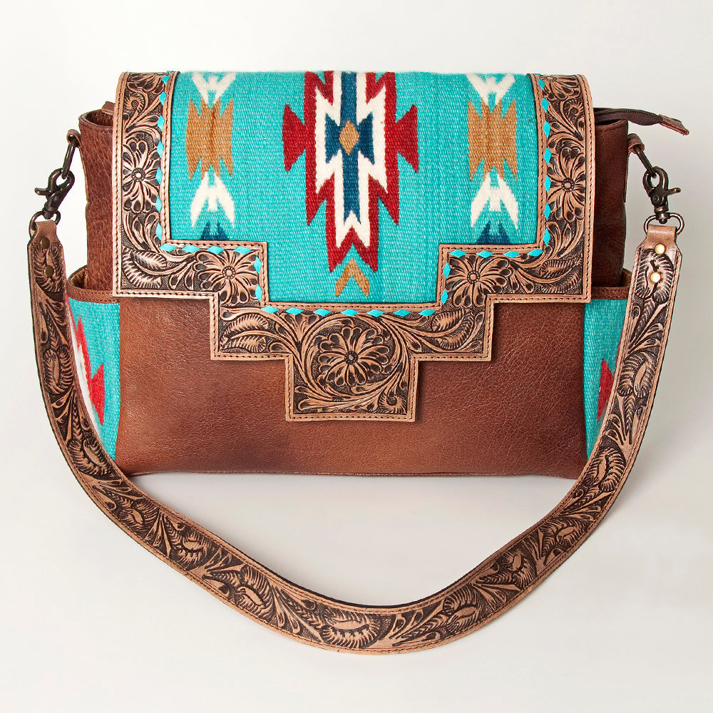 American Darling Messenger Bag Western Leather Hand Tooled Floral Carved Hair-On Cowhide Buckstitched 12in x 16in