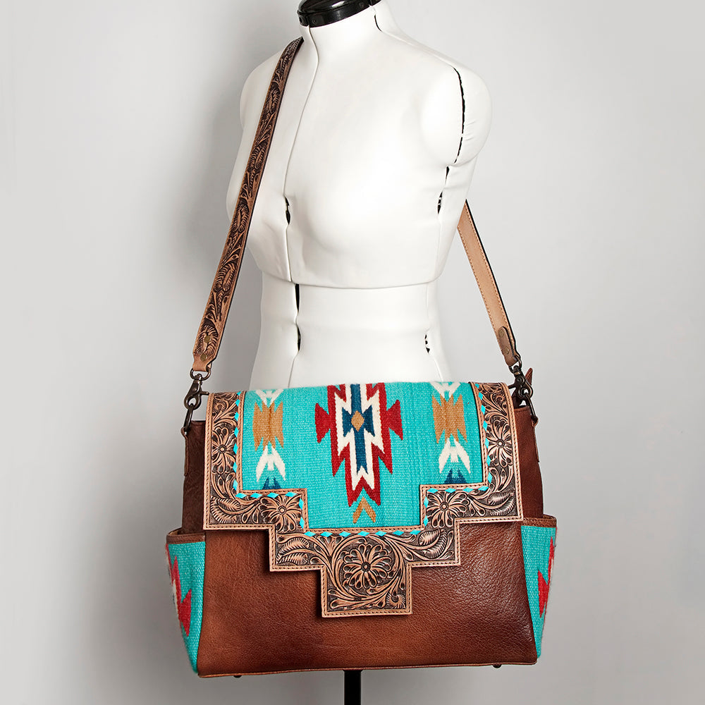 American Darling Messenger Bag Western Leather Hand Tooled Floral Carved Hair-On Cowhide Buckstitched 12in x 16in