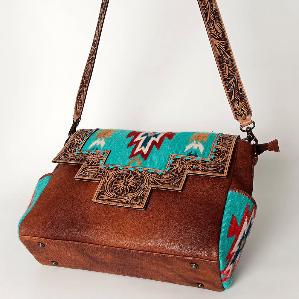 American Darling Messenger Bag Western Leather Hand Tooled Floral Carved Hair-On Cowhide Buckstitched 12in x 16in