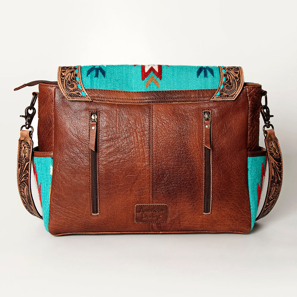 American Darling Messenger Bag Western Leather Hand Tooled Floral Carved Hair-On Cowhide Buckstitched 12in x 16in