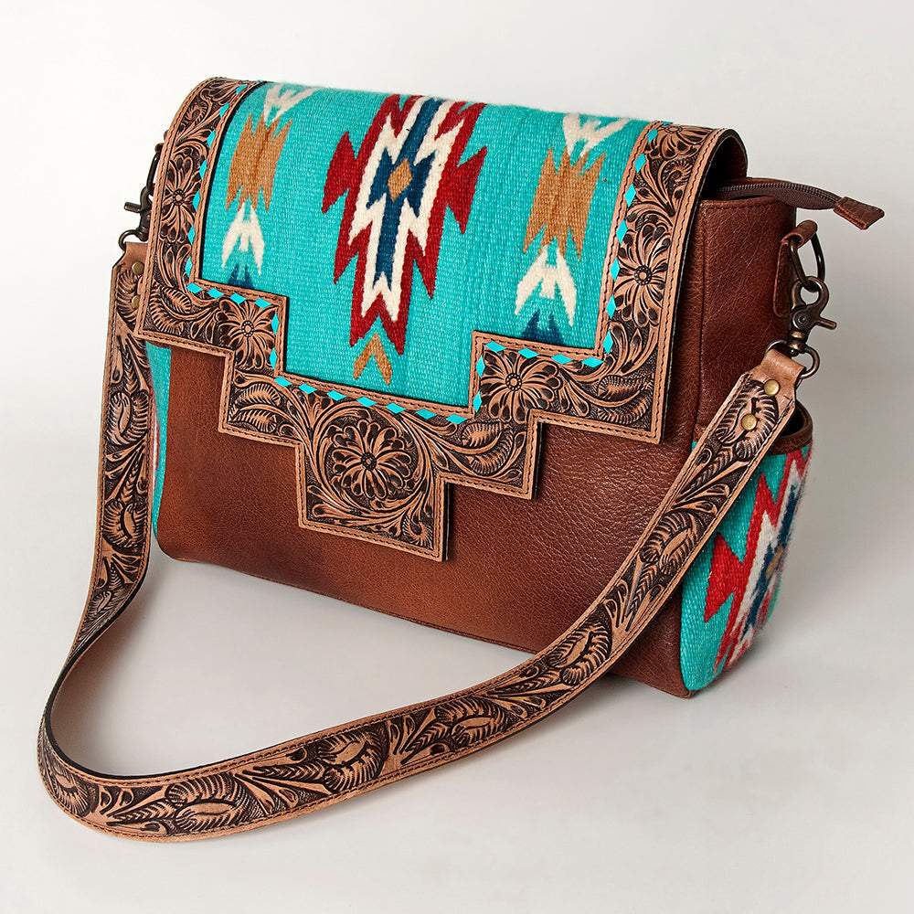 American Darling Messenger Bag Western Leather Hand Tooled Floral Carved Hair-On Cowhide Buckstitched 12in x 16in