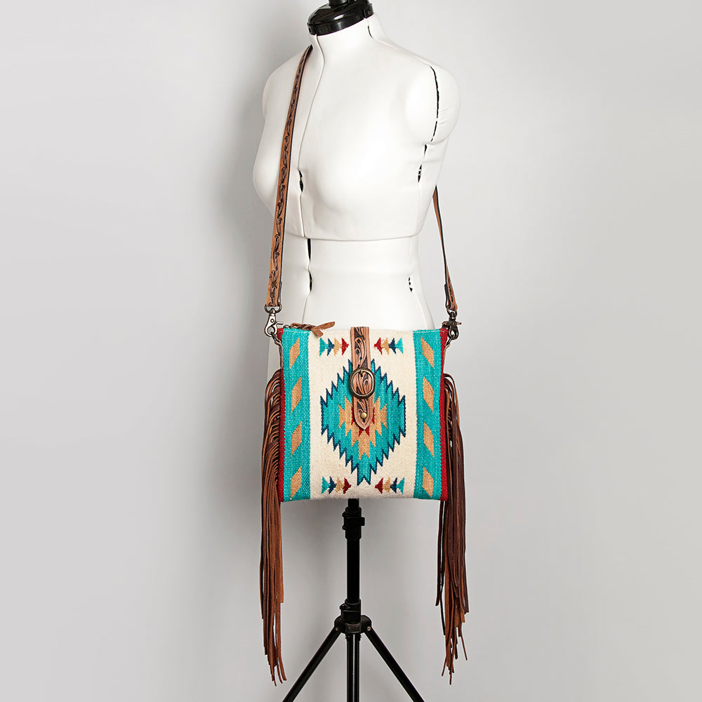American Darling Hand Woven Saddle Blanket & Handcrafted Western Hand Tooled Cross body Bag, Genuine Vegetable-Tanned Leather