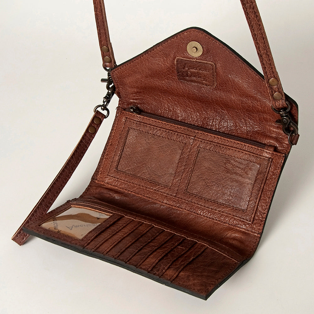 American Darling Envelope Western Hand Tooled Genuine Leather and Saddle Blanket Purse with Wristlet and YKK Zipper