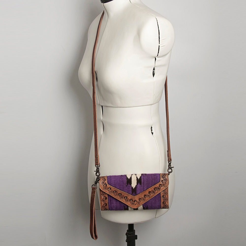 American Darling Envelope Western Hand Tooled Genuine Leather and Saddle Blanket Purse with Wristlet and YKK Zipper