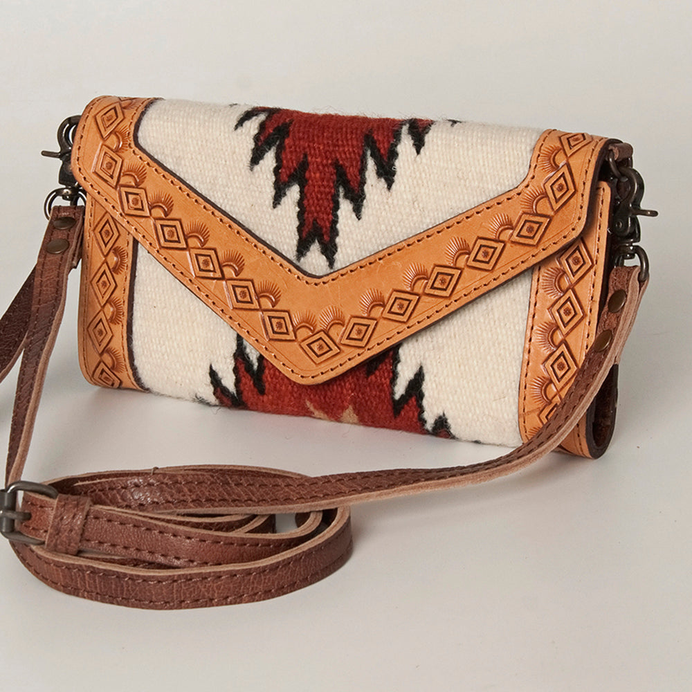 American Darling Envelope Western Hand Tooled Genuine Leather and Saddle Blanket Purse with Wristlet and YKK Zipper