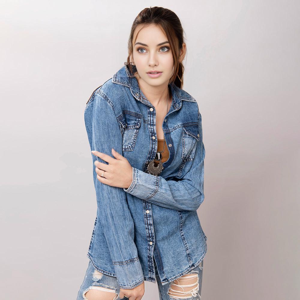 American Darling Leather Hand Tooled Carved Women Denim Shirt Jacket