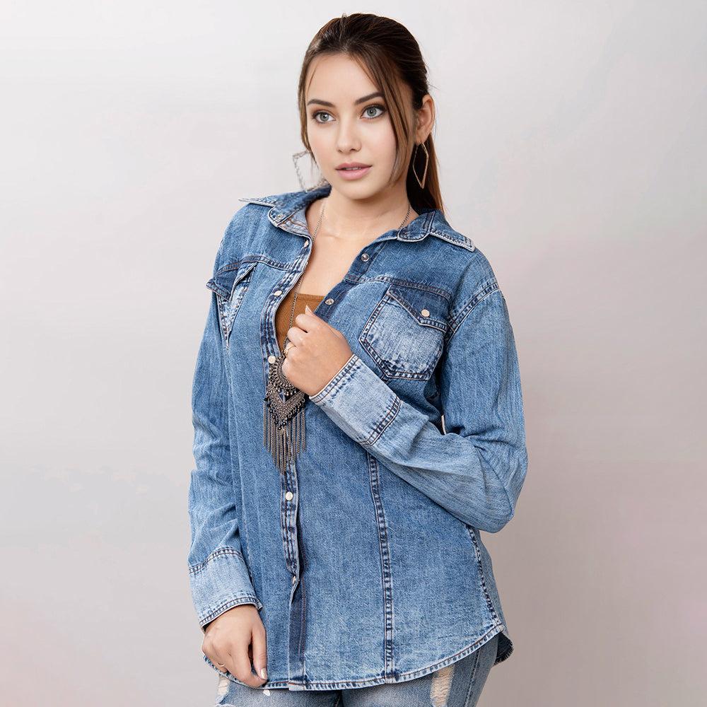 American Darling Leather Hand Tooled Carved Women Denim Shirt Jacket