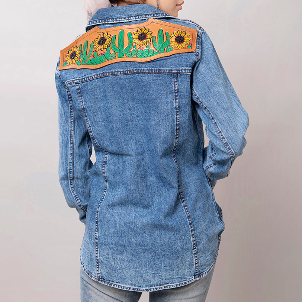 American Darling Genuine leather Hand tooled carved Women 100% cotton Denim Blazer dress jacket ladies |Vintage