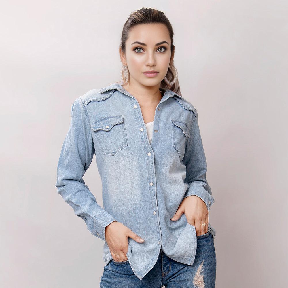 American Darling Leather Hand Tooled Carved Women Denim Shirt Jacket