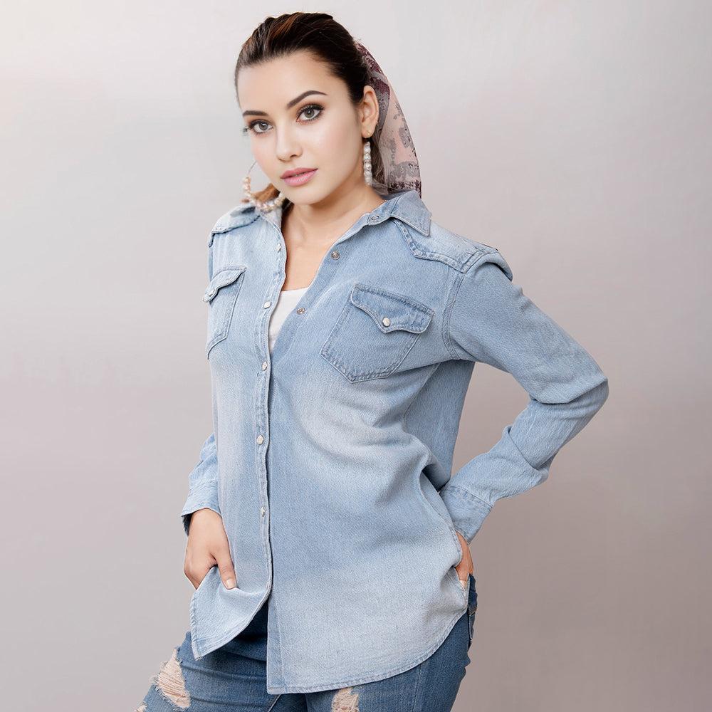American Darling Leather Hand Tooled Carved Women Denim Shirt Jacket