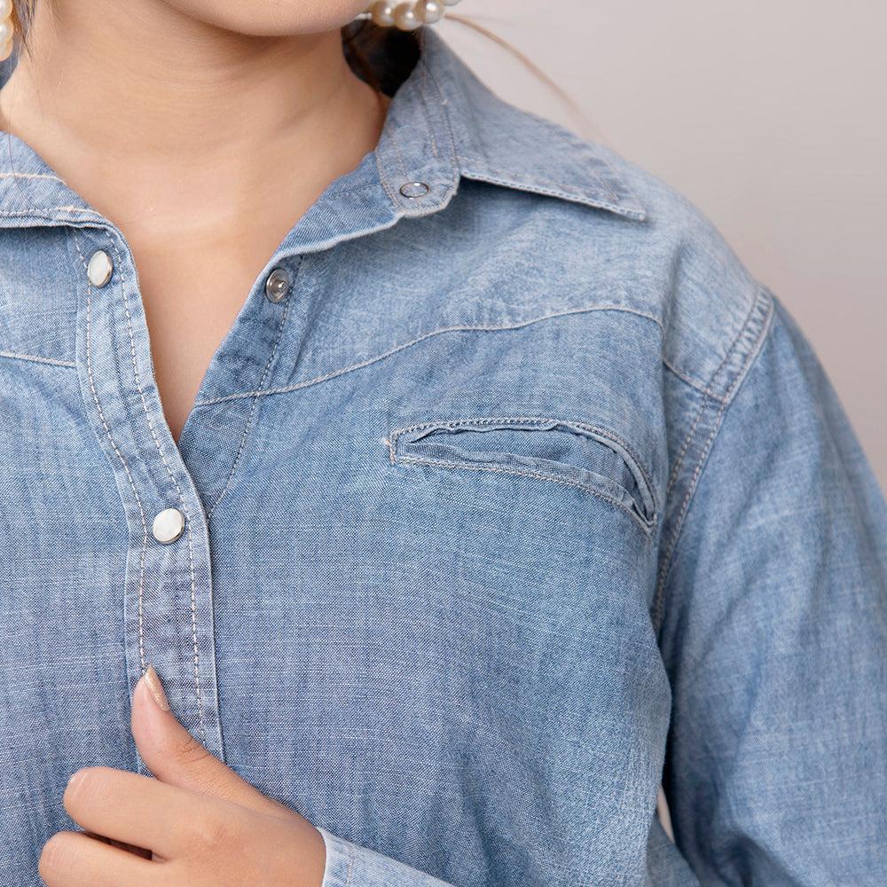 American Darling Leather Hand Tooled Carved Women Denim Shirt Jacket