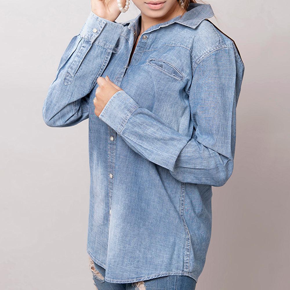 American Darling Leather Hand Tooled Carved Women Denim Shirt Jacket