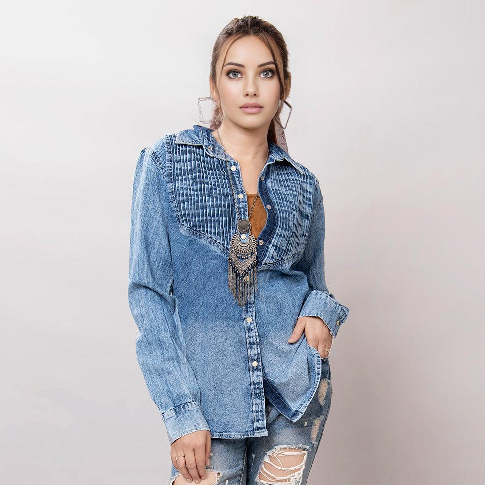 American Darling Leather Hand Tooled Carved Women Denim Shirt Jacket
