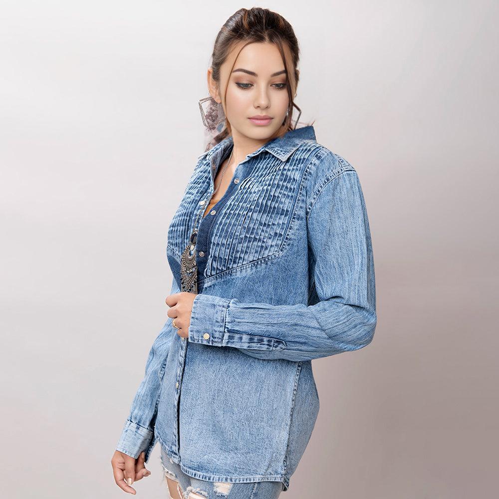 American Darling Leather Hand Tooled Carved Women Denim Shirt Jacket
