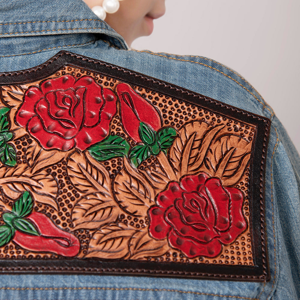 American Darling Genuine leather Hand tooled carved Women 100% cotton Denim Blazer dress jacket ladies | Vintage