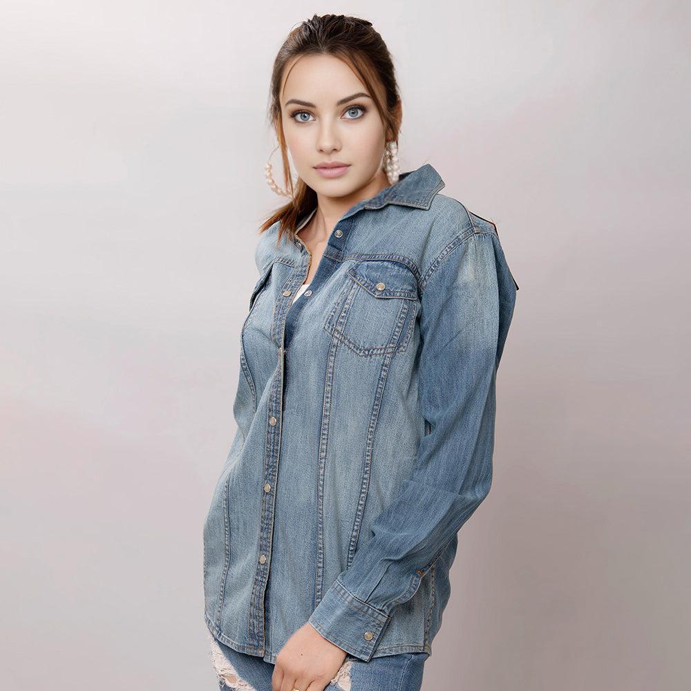 American Darling Leather Hand Tooled Carved Women Denim Shirt Jacket